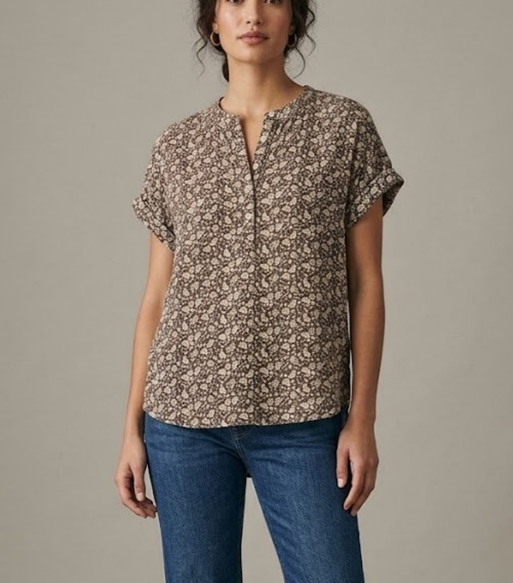Faherty Womens Small Organic Cotton Gauze Desmond Top Floral Henley Blouse Brown